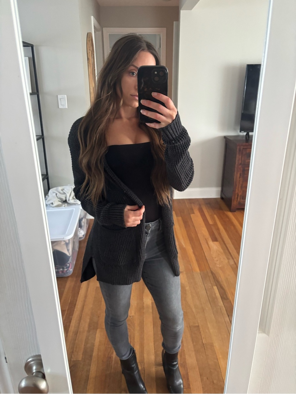 Open-Front Knit Cardigan - Dark Gray xs